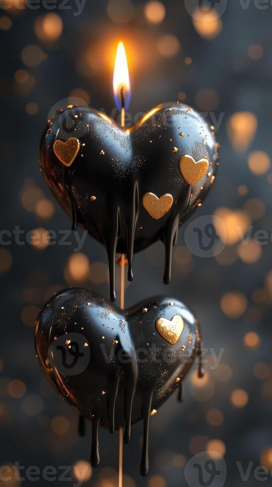 Black heart-shaped candles melt gently with golden accents in a cozy atmosphere filled with soft bokeh lights photo