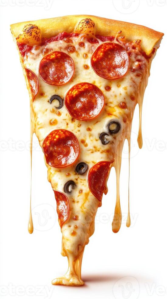 Delicious pepperoni pizza slice with melting cheese and olives served on a white background for food lovers photo