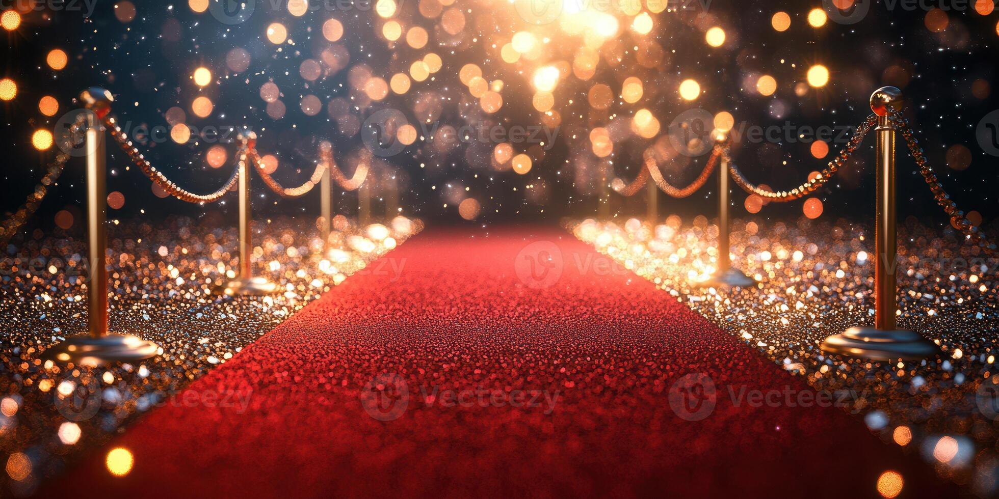 Red carpet event with sparkling lights and elegant barriers at nighttime venue photo