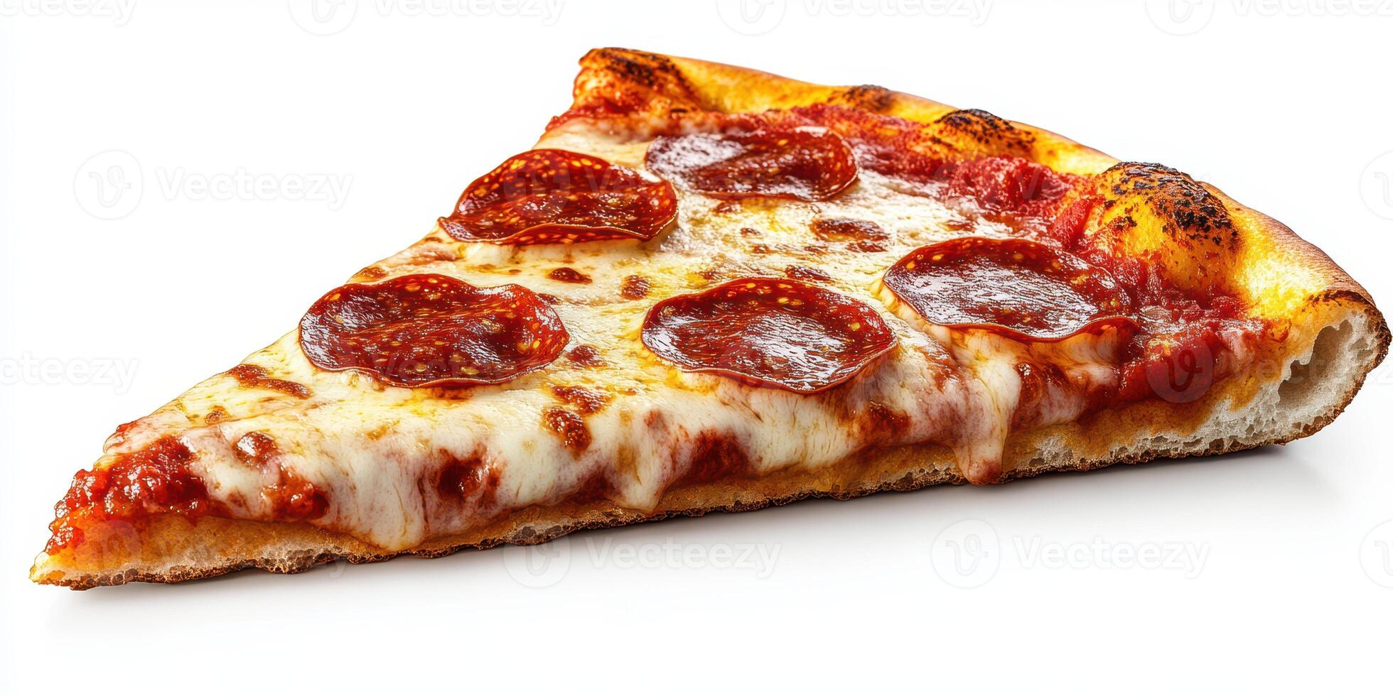 Delicious pepperoni pizza slice with melted cheese and crispy crust displayed on a clean white surface photo