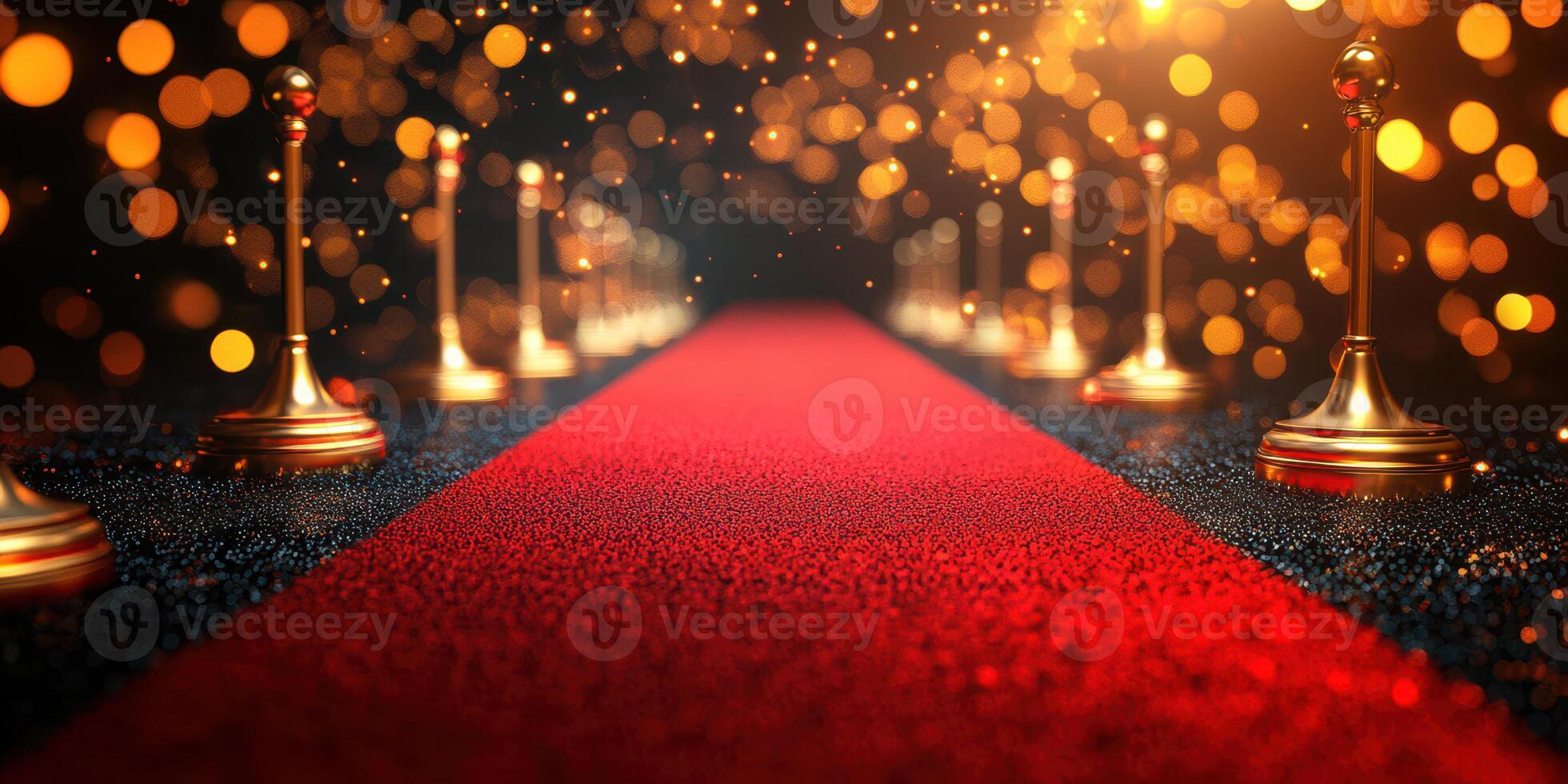 Elegant red carpet leading to a glamorous event with twinkling lights in the background at night photo