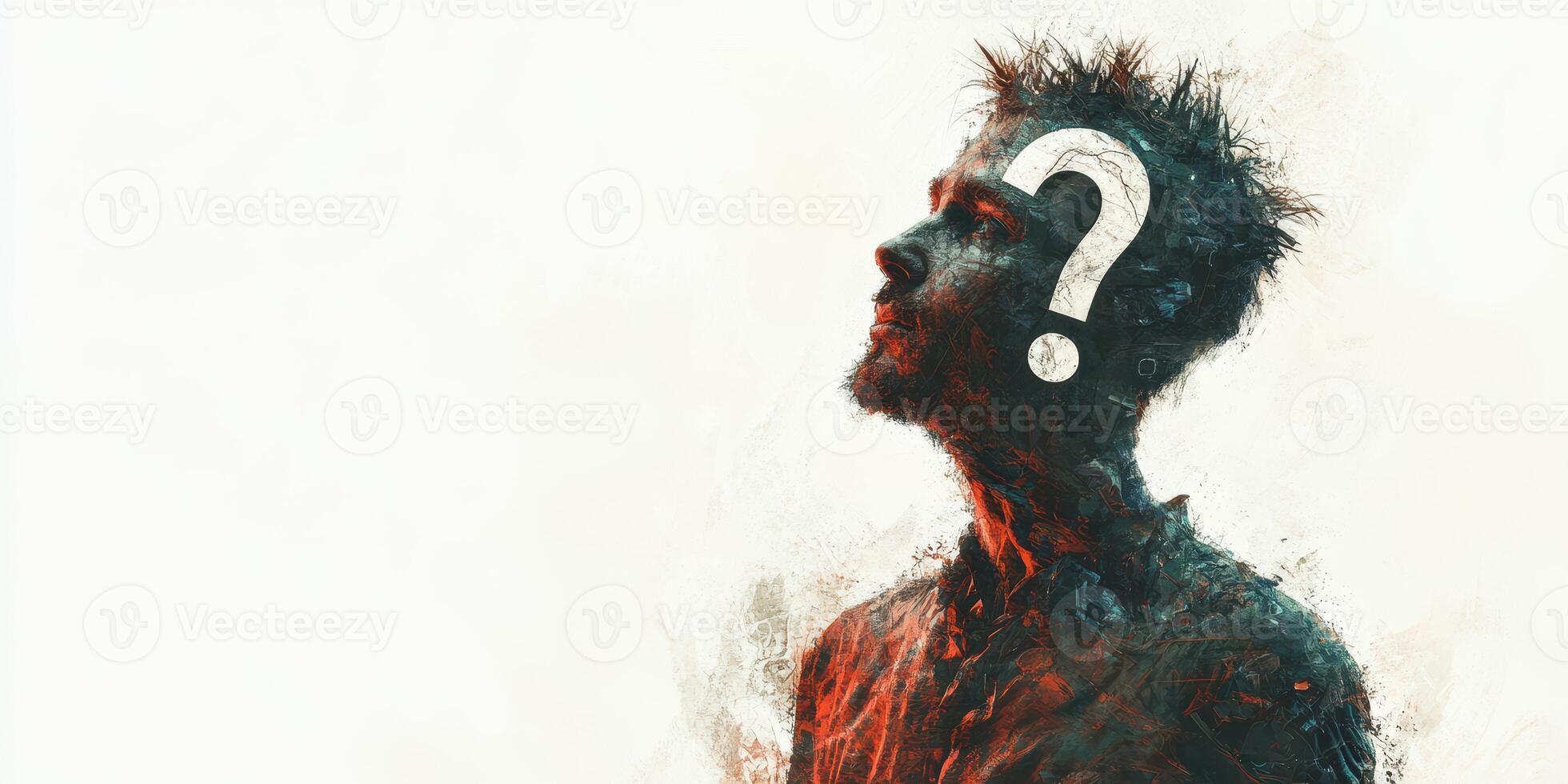 Artistic representation of a man with a question mark symbolizing search for identity and meaning in life photo