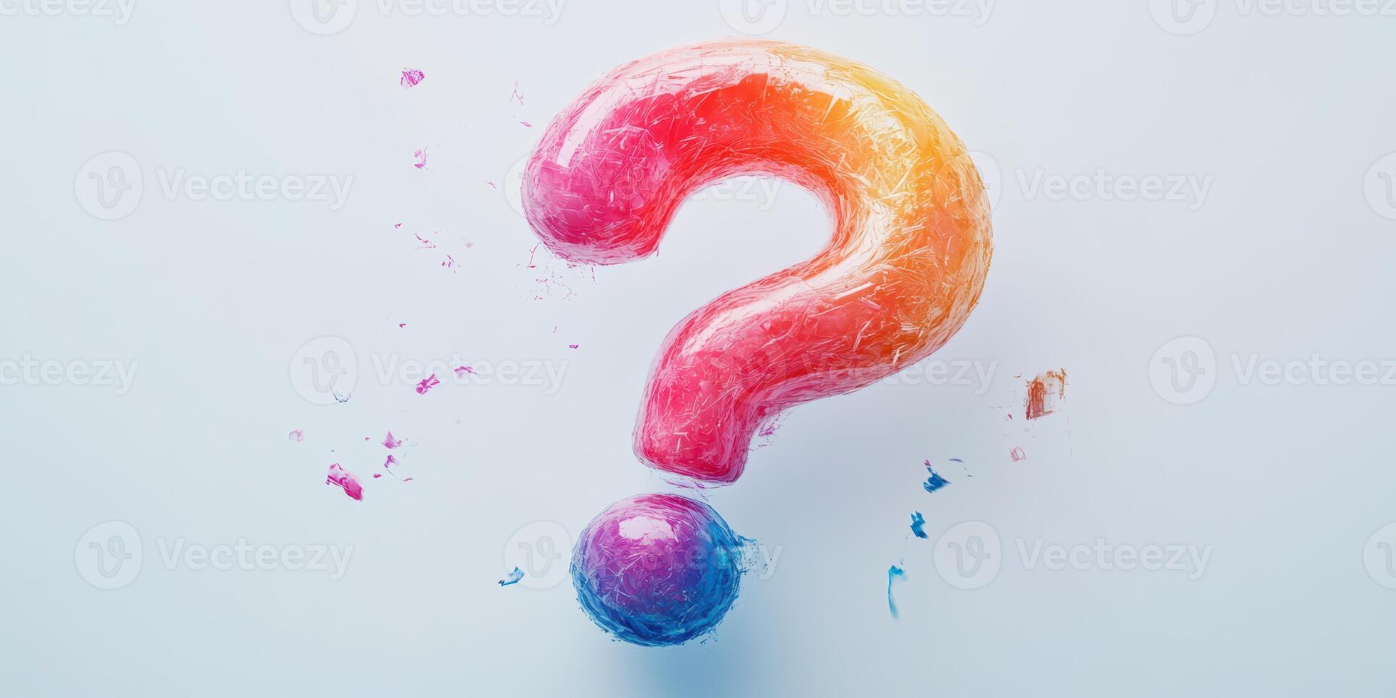 Colorful question mark sculpture with a blue sphere positioned below it in an artistic display photo