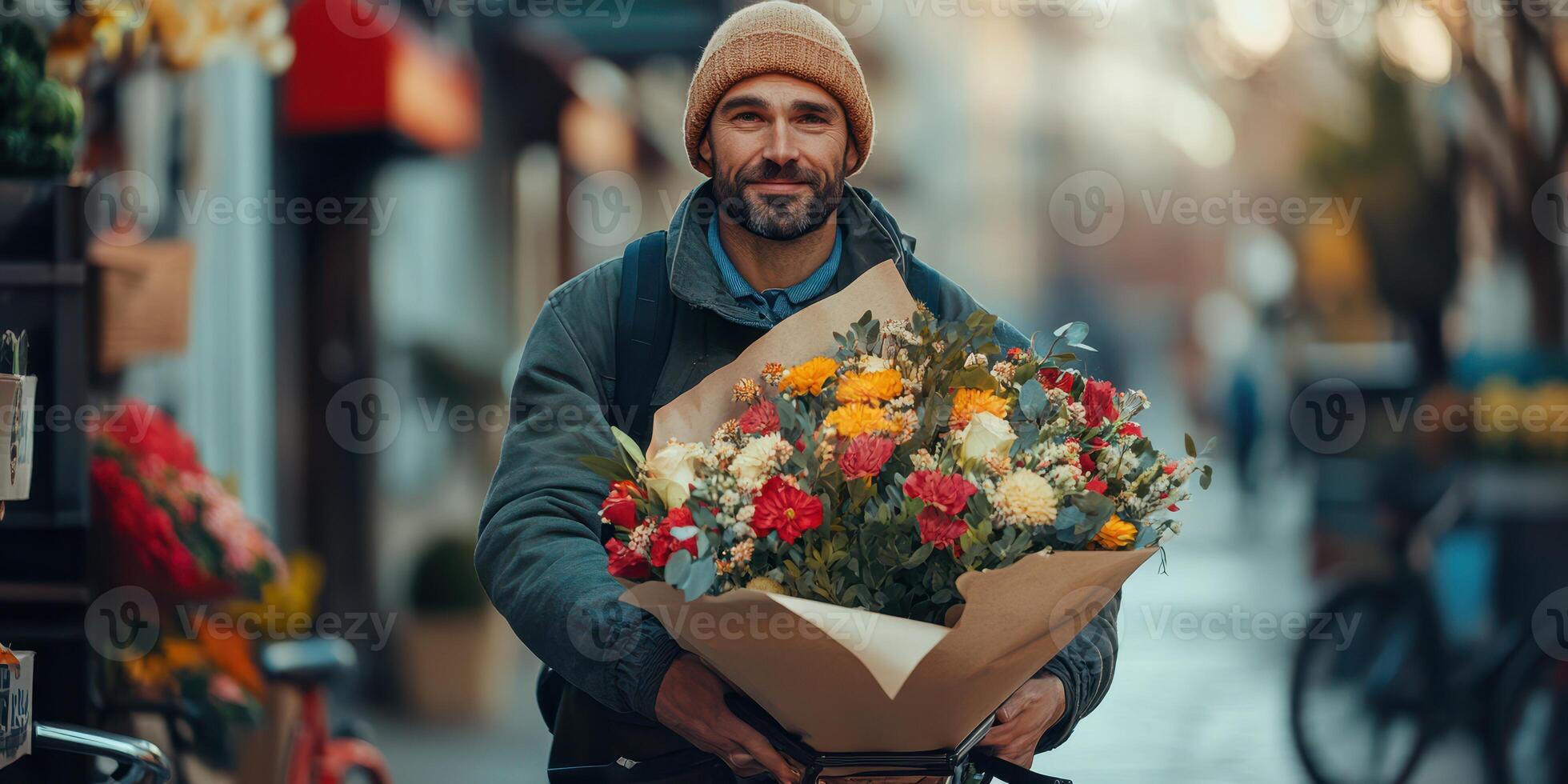 Man with a bouquet of flowers riding a bicycle on a bustling city street in autumn morning light photo
