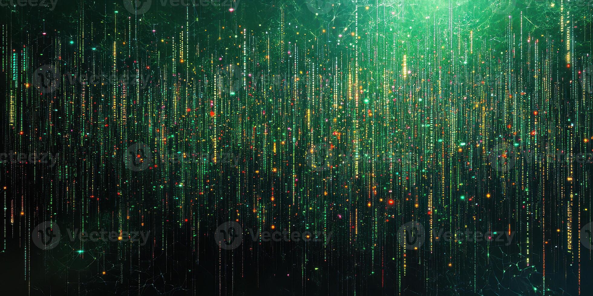 Digital green data stream with illuminated particles flowing in a modern abstract design at night photo