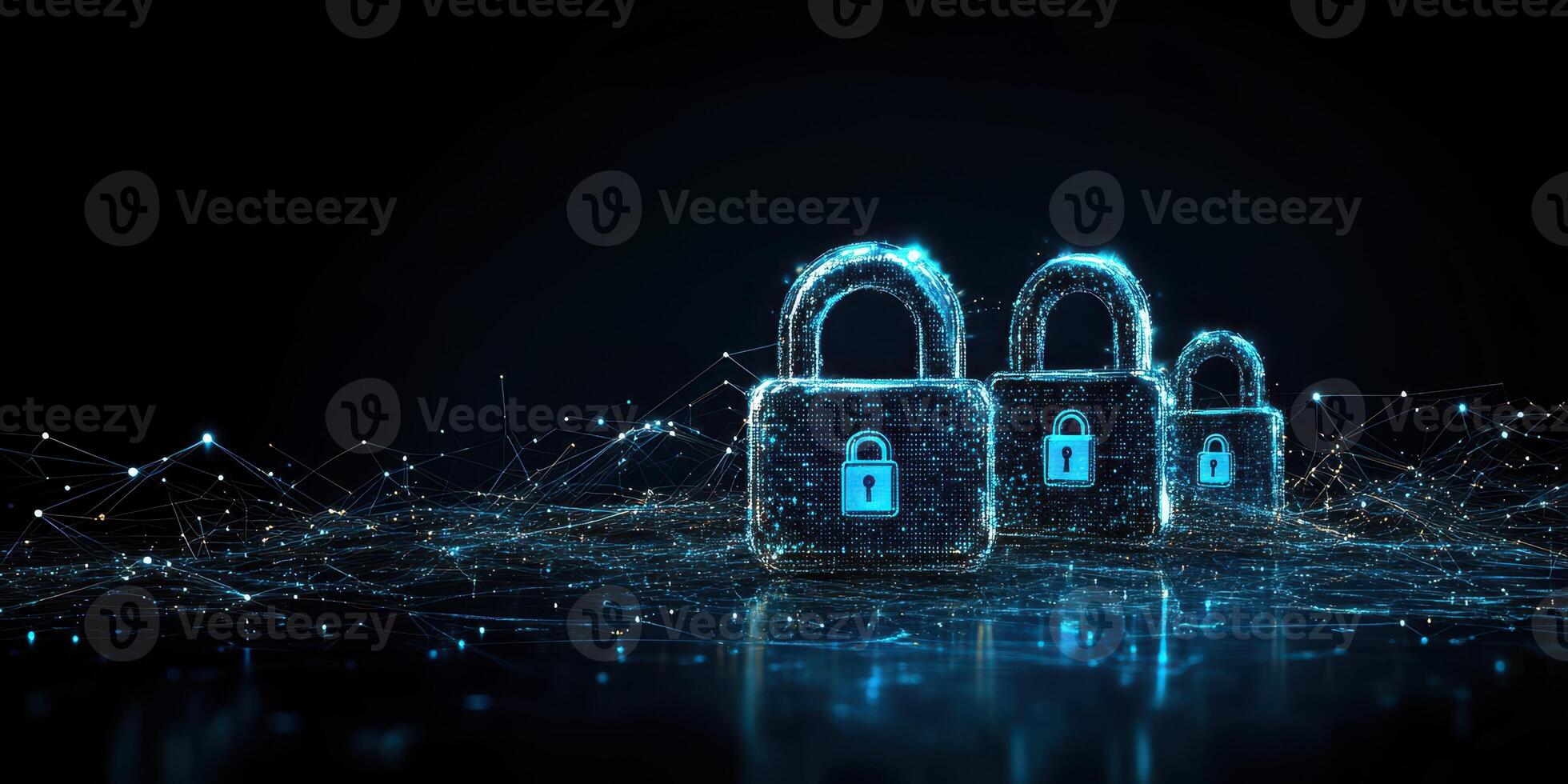 Digital locks representing cybersecurity protection in a virtual environment with glowing connections photo
