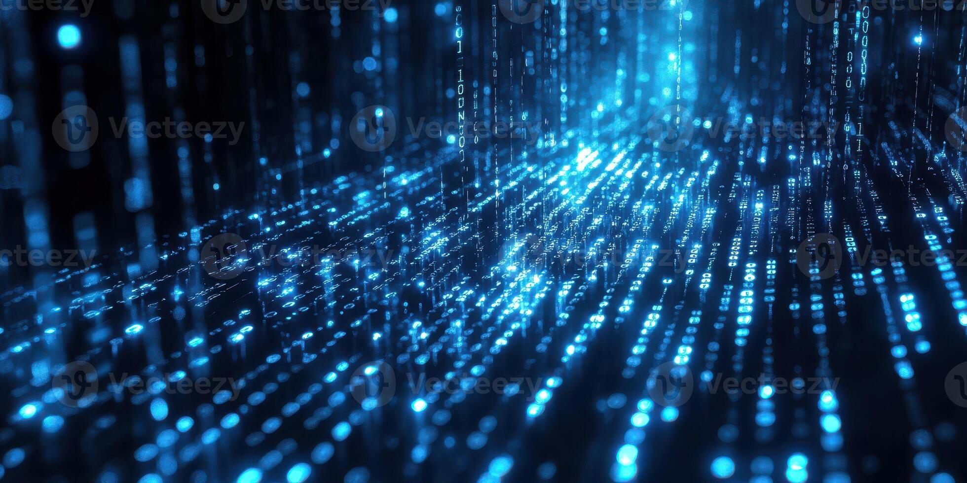 Digital landscape filled with glowing blue binary code streams flowing in a futuristic environment photo