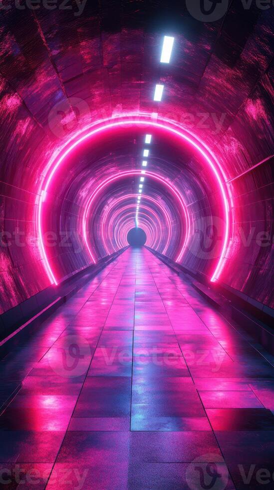 Vibrant neon tunnel with glowing pink lights and reflective surfaces at night photo