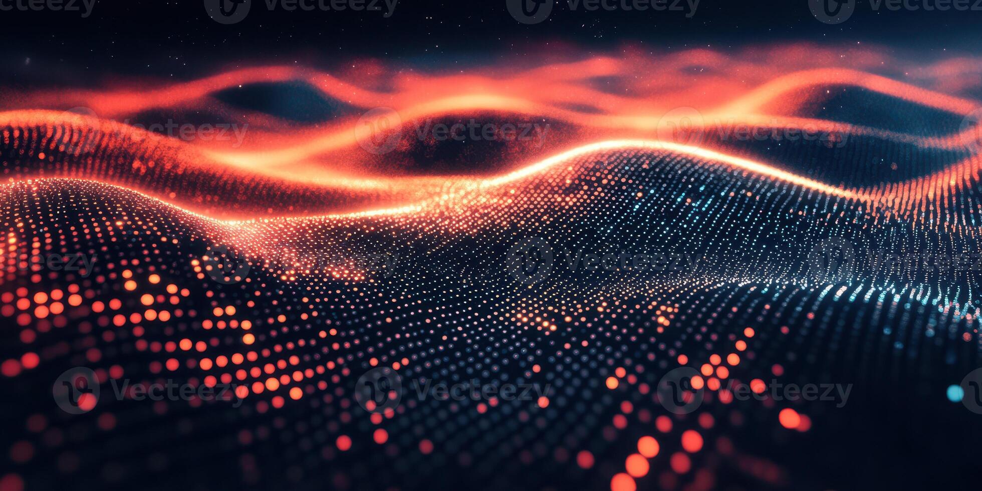 Digital waves of light create an abstract landscape in vibrant red and blue tones photo