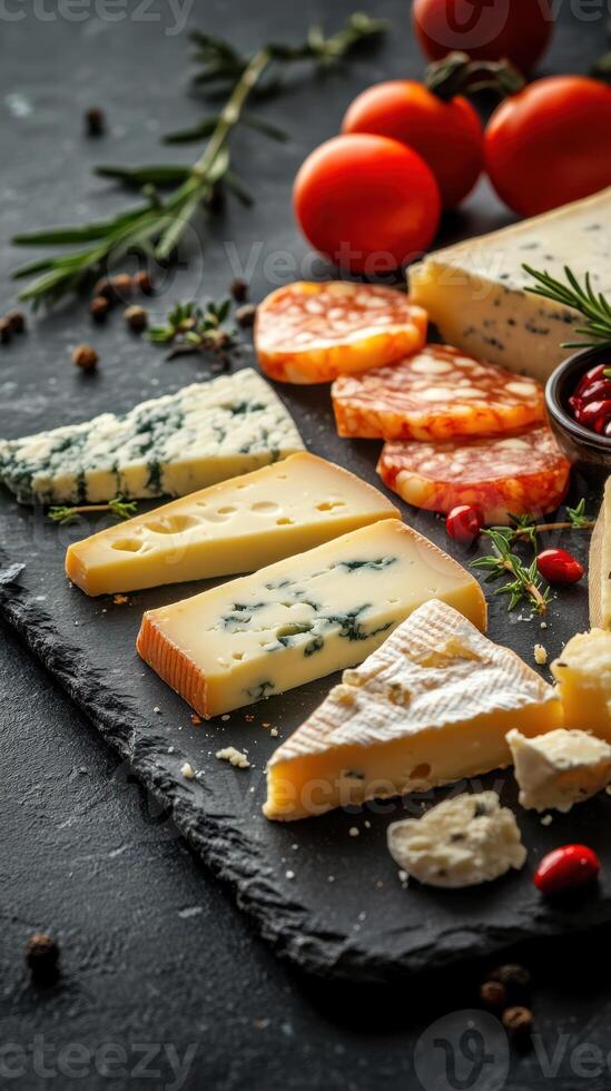 Assorted cheese platter with cured meats and fresh tomatoes arranged on a black slate board photo