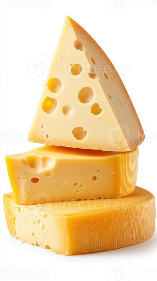 Stack of delicious yellow cheese varieties displayed on a clean surface for culinary use and inspiration photo