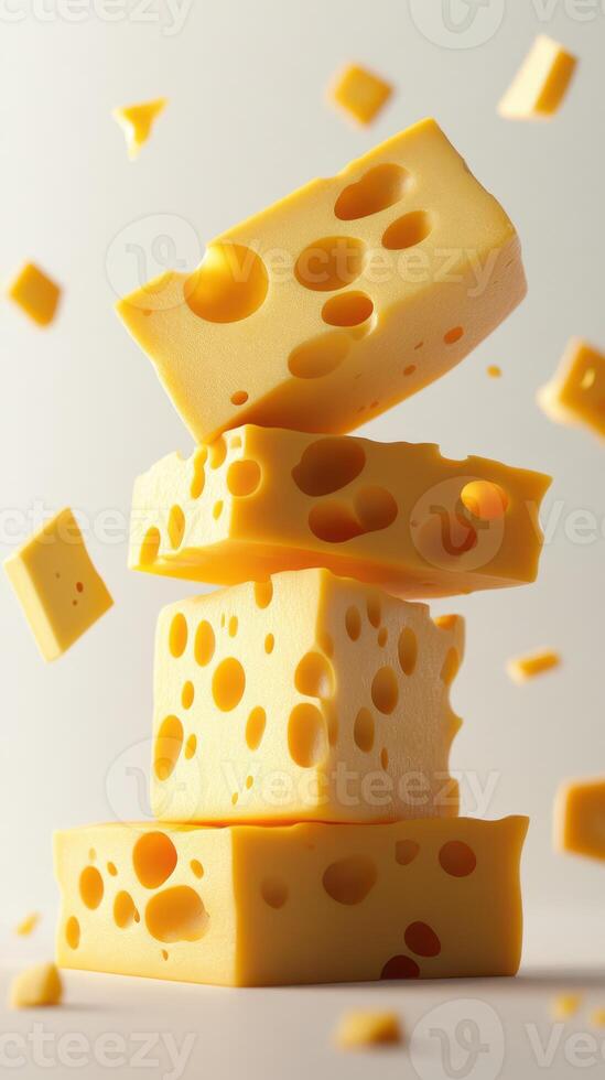 Floating blocks of cheese display texture and color against a light background in an artistic arrangement photo