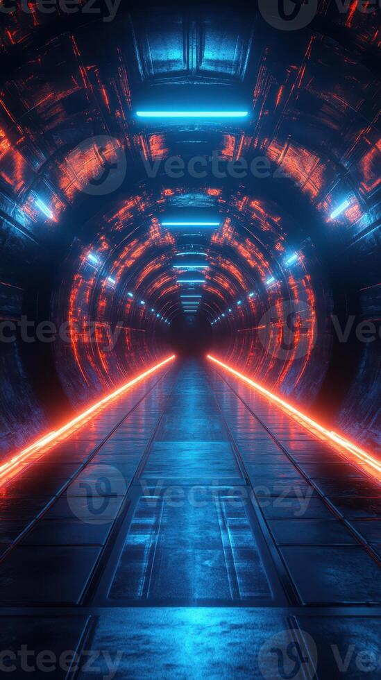 Vivid neon tunnel with glowing lines in an abstract futuristic setting at night photo