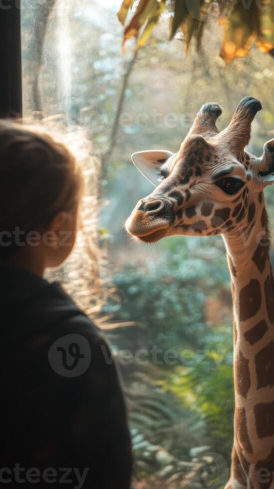 Child mesmerized by a giraffe during a sunny day at the zoo, creating a memorable encounter with wildlife photo