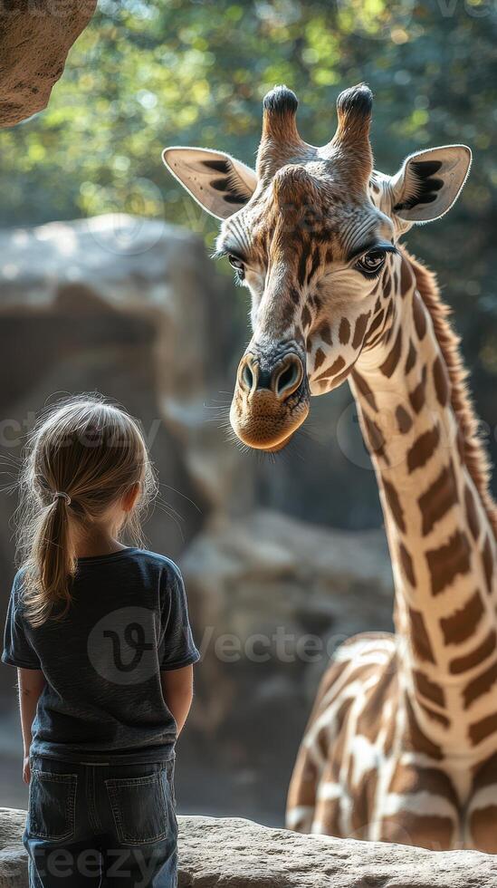 Child observing a giraffe closely during a sunny day at the zoo in a serene environment filled with natural light photo