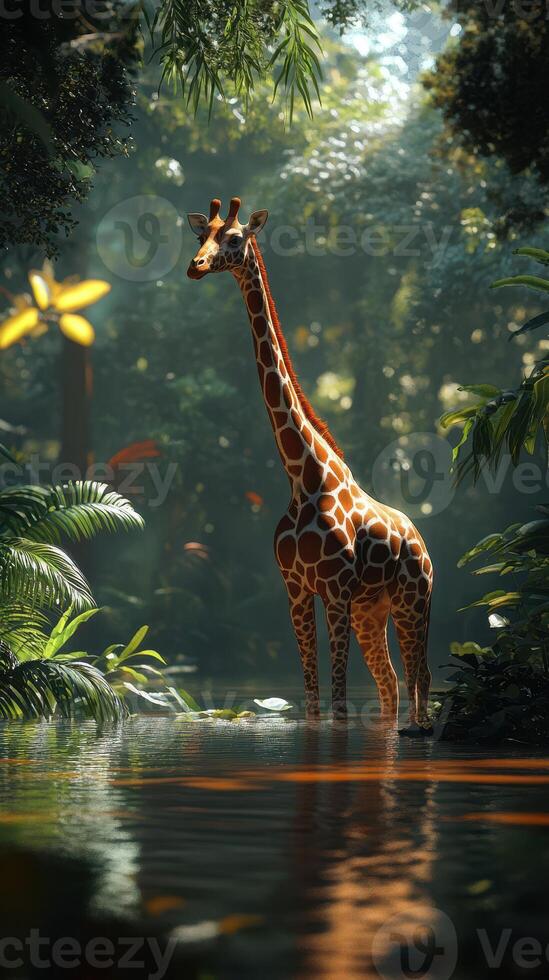 Giraffe standing gracefully in a lush rainforest surrounded by vibrant foliage and gentle sunlight filtering through the trees photo