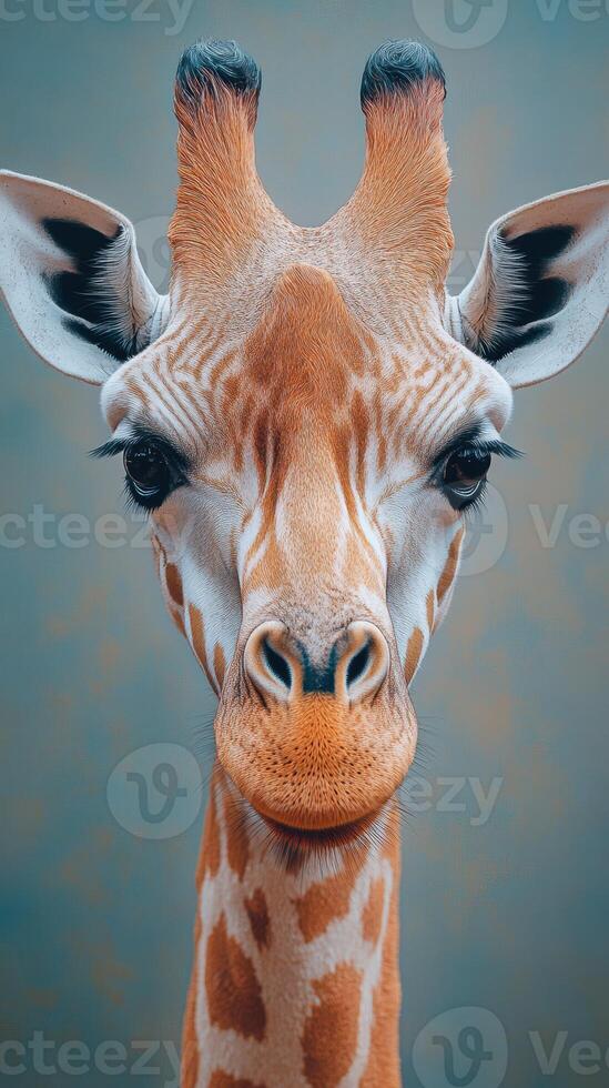 Majestic giraffe portrait showcasing intricate patterns and endearing eyes in a calm studio setting during golden hour photo