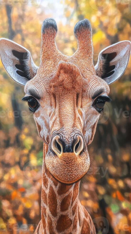 Giraffe close-up in autumn forest showcasing intricate details of its face and distinctive patterns photo