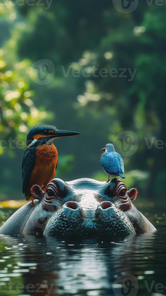 Colorful birds perch on a hippo in a serene natural habitat during golden hour photo
