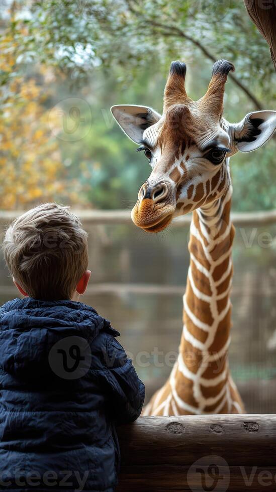 Child interacts with giraffe at zoo enclosure during autumn afternoon photo