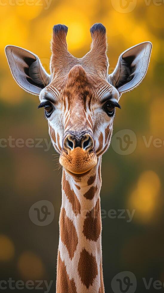 Giraffe stands majestically against a warm blurred background during golden hour photo