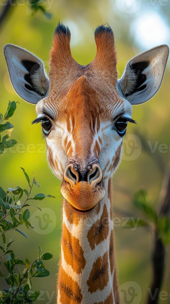 Close-up view of a giraffe in its natural habitat surrounded by greenery photo