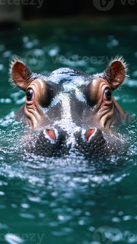 Hippopotamus emerges from water, showcasing its massive head and playful demeanor in a serene aquatic environment photo