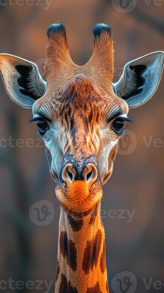 Giraffe gazes directly at the camera in a serene landscape during golden hour photo