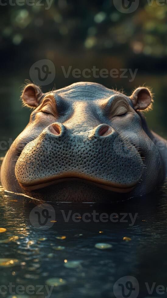 Hippopotamus relaxing in serene water during golden hour at a tranquil riverbank photo
