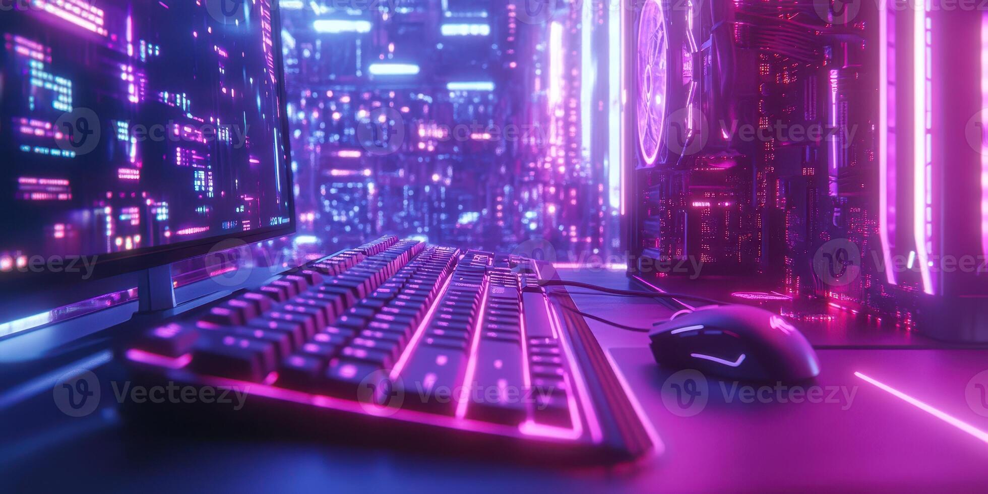 Colorful and vibrant gaming setup featuring modern technology against a futuristic backdrop with neon lights and glowing elements photo