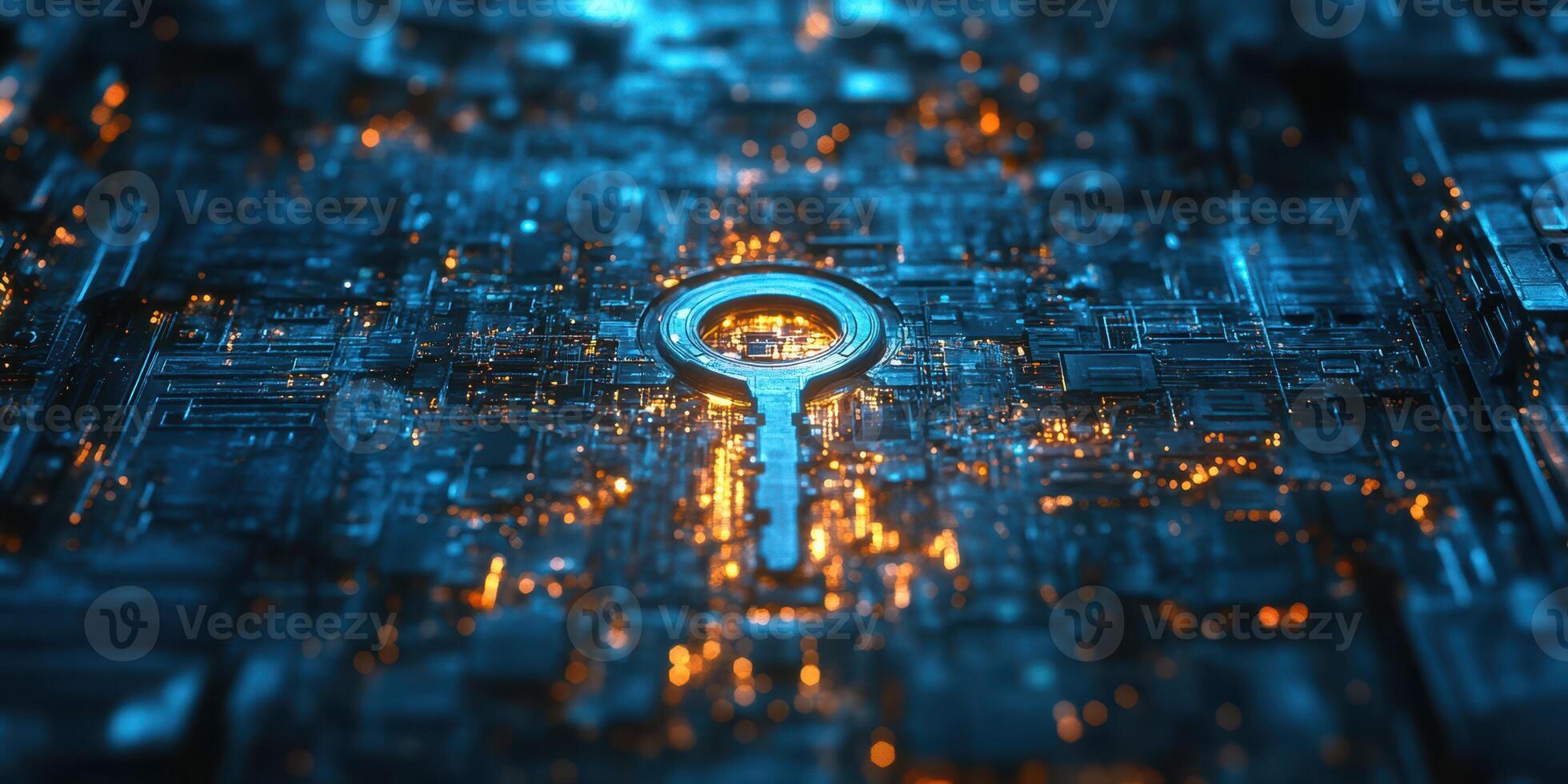 Exploring the intricate design of a digital key set against a vibrant circuit board background photo