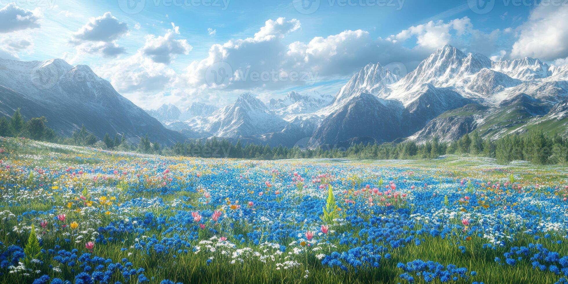 Vibrant meadow filled with blooming wildflowers and majestic mountains under a clear sky photo