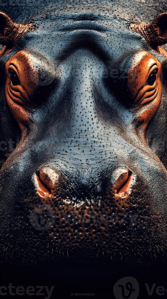 Close-up view of a hippo's face highlighting its unique features and textures in a natural habitat setting photo