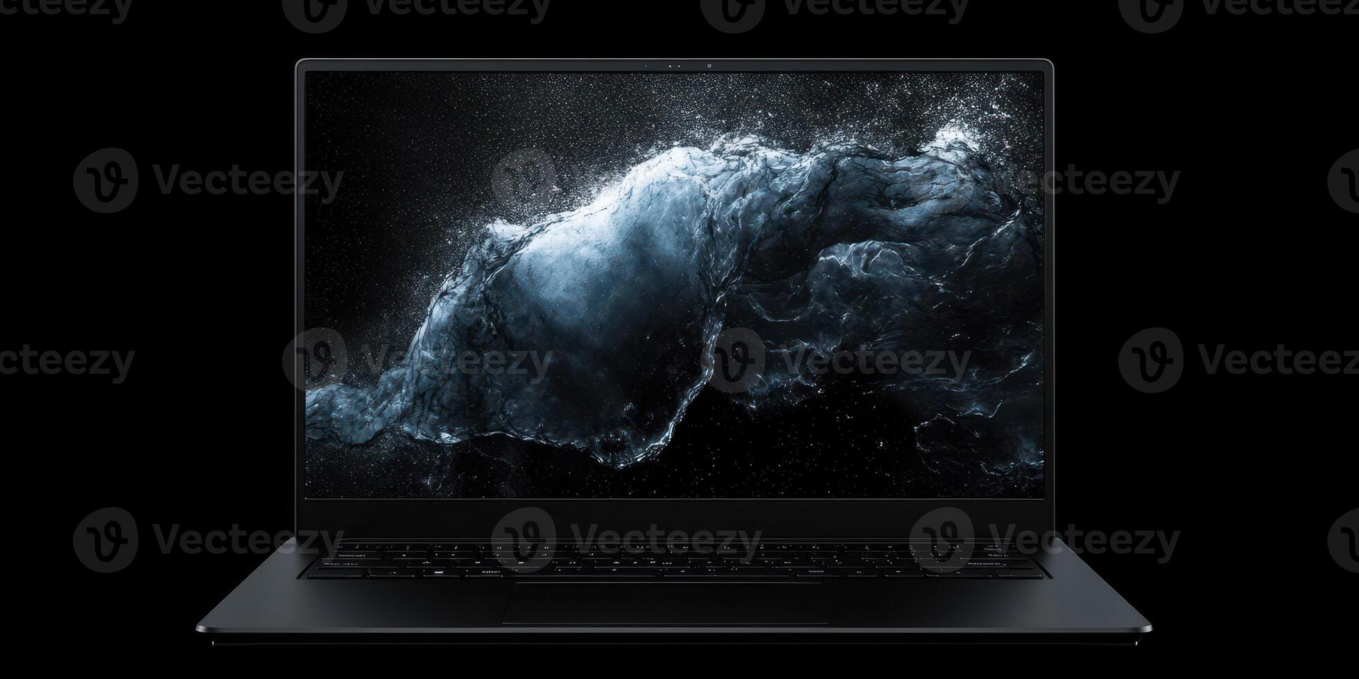 High-tech laptop display showcasing dynamic abstract visuals in dark background enhances modern digital aesthetics photo