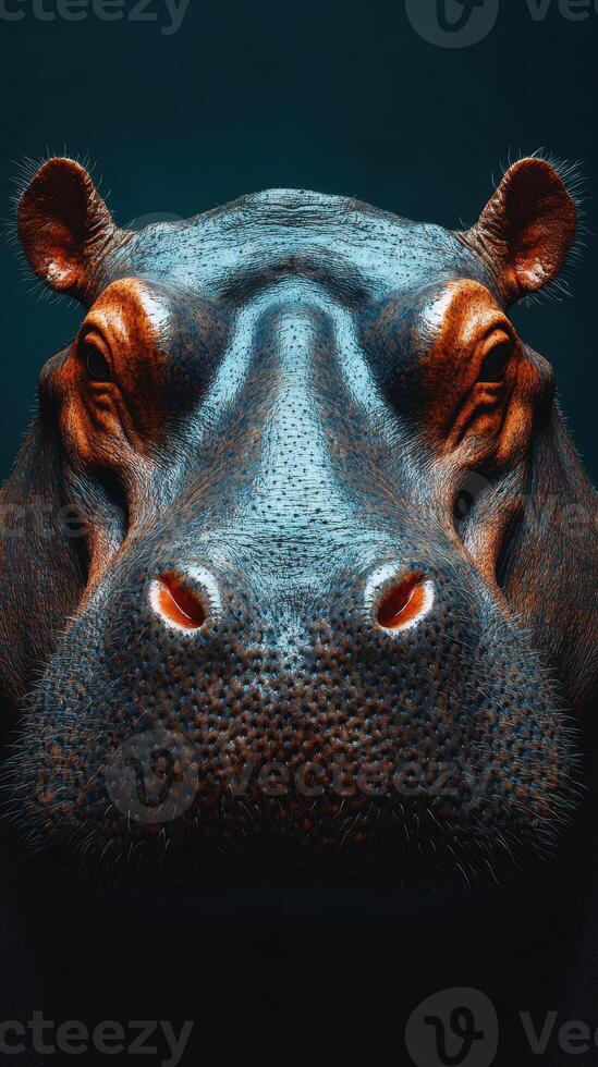 Close-up view of a hippo showing intricate details of its skin and facial features in a dark, atmospheric setting photo