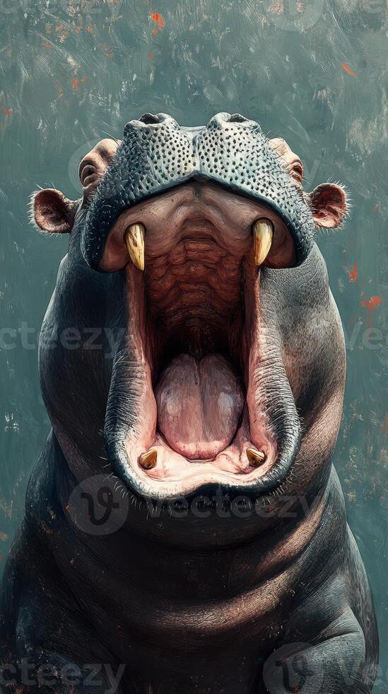 Large hippopotamus yawning wide with prominent teeth displayed against textured background photo