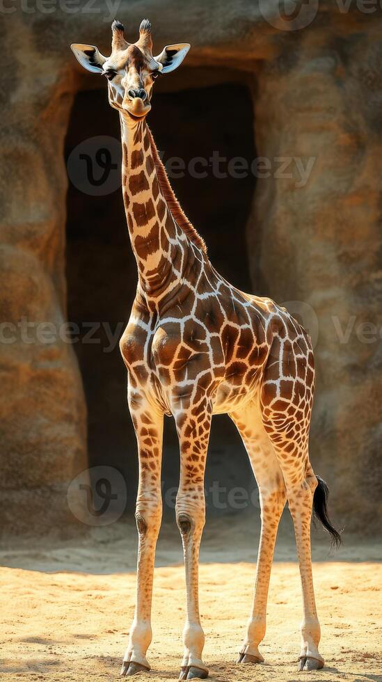 Giraffe stands gracefully in natural habitat with rocky background during daylight photo
