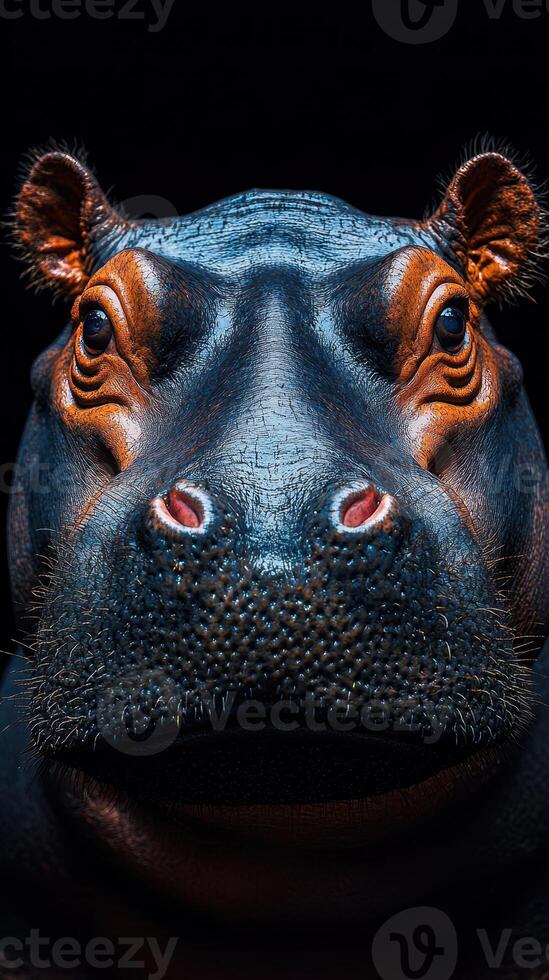 Detailed close-up of a hippo's face showcasing texture and features against a dark background photo