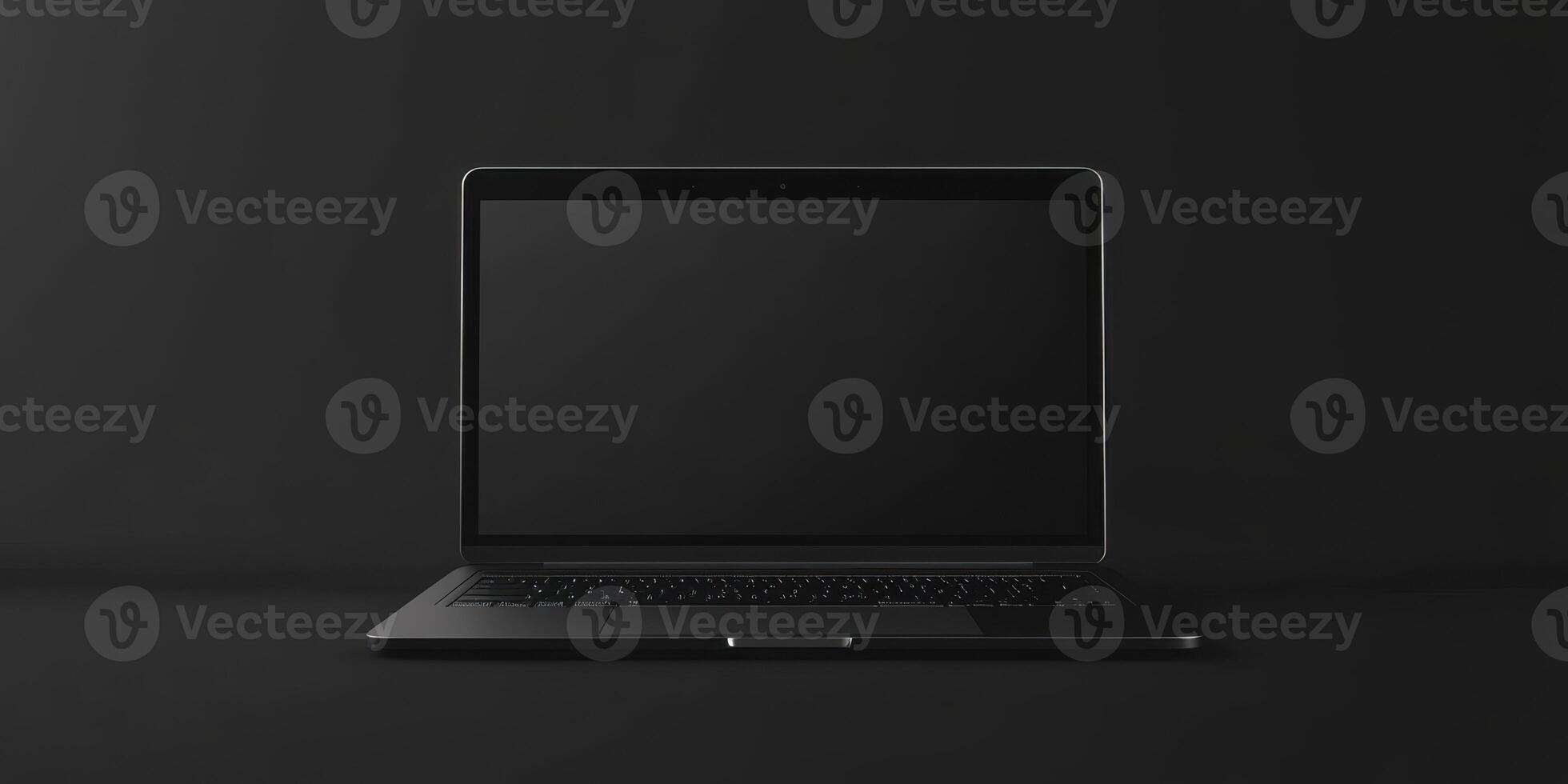 Laptop placed on a dark surface with blank screen and minimal lighting setup during the evening hours photo