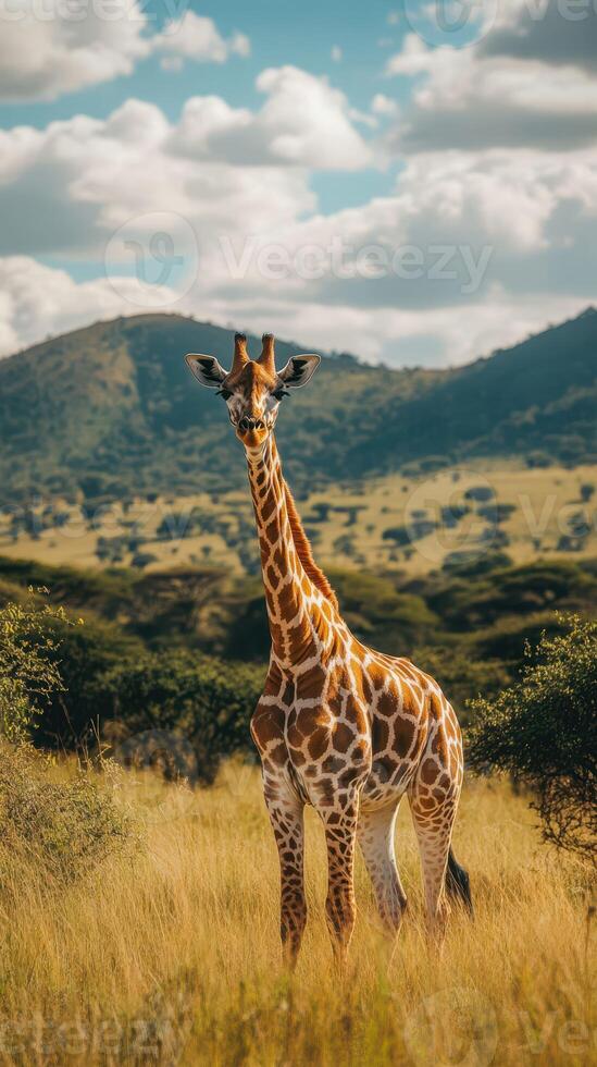 Giraffe standing gracefully in a lush savannah landscape with mountains under a clear blue sky in the afternoon light photo