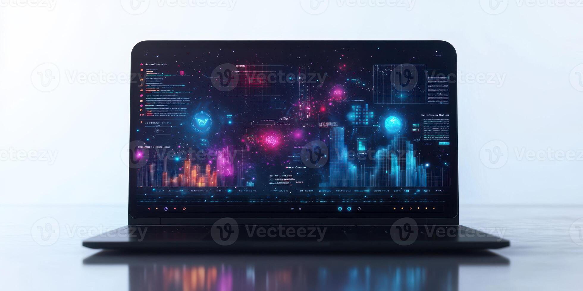 Display of digital data visualizations on a laptop screen set against a minimalistic background photo