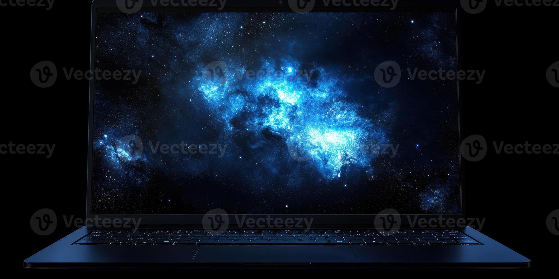 Computer screen displaying a vivid galaxy design with bright blue and white colors on a dark background photo
