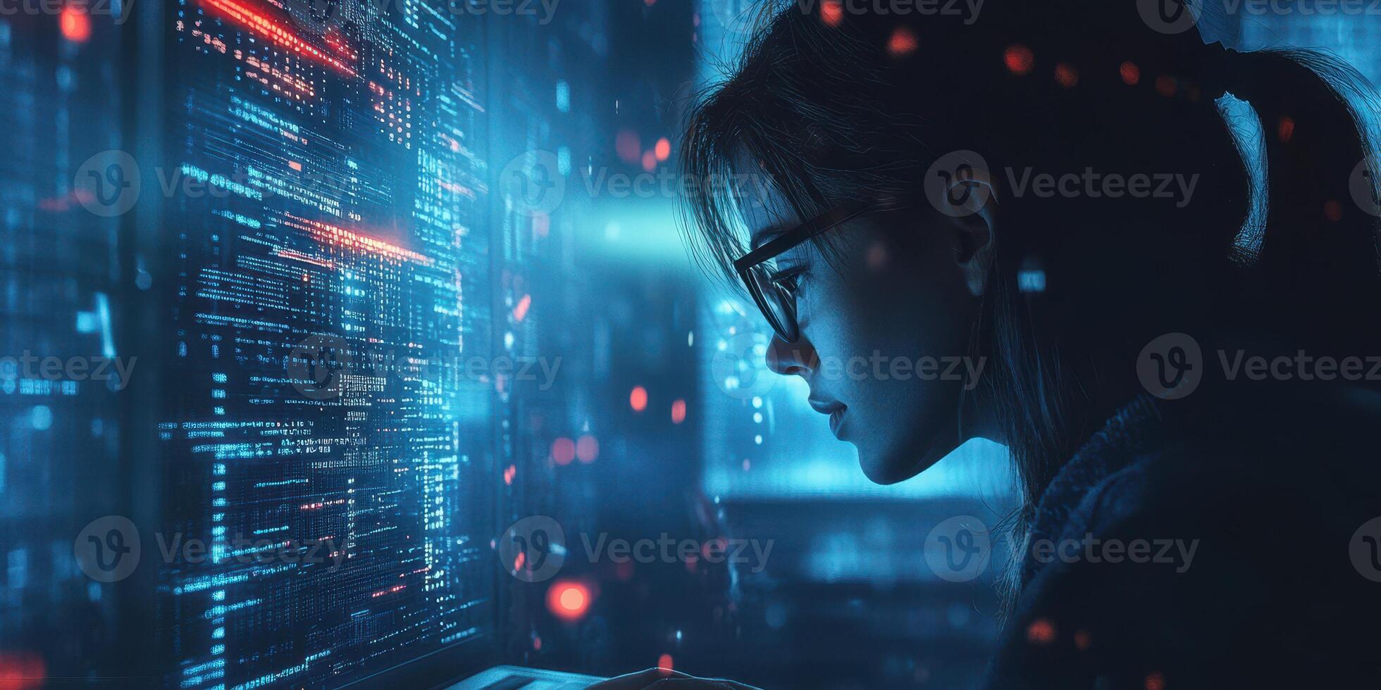 Young woman engaged in data analysis in a futuristic setting with glowing screens at night photo