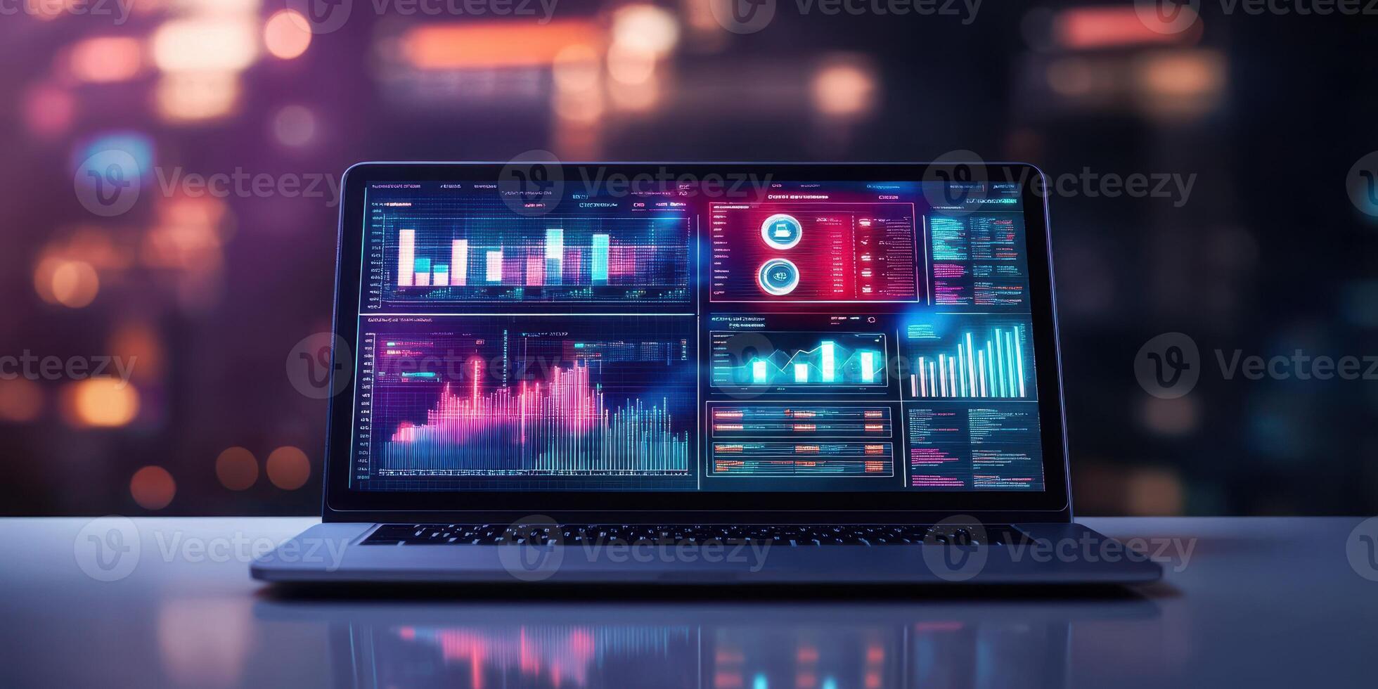 Data analysis interface displayed on a laptop in a modern workspace at night showcasing vibrant graphs and metrics photo
