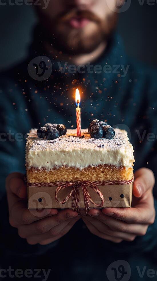 Celebrating a special moment with a beautifully crafted cake adorned with a candle and fresh berries during an intimate gathering photo
