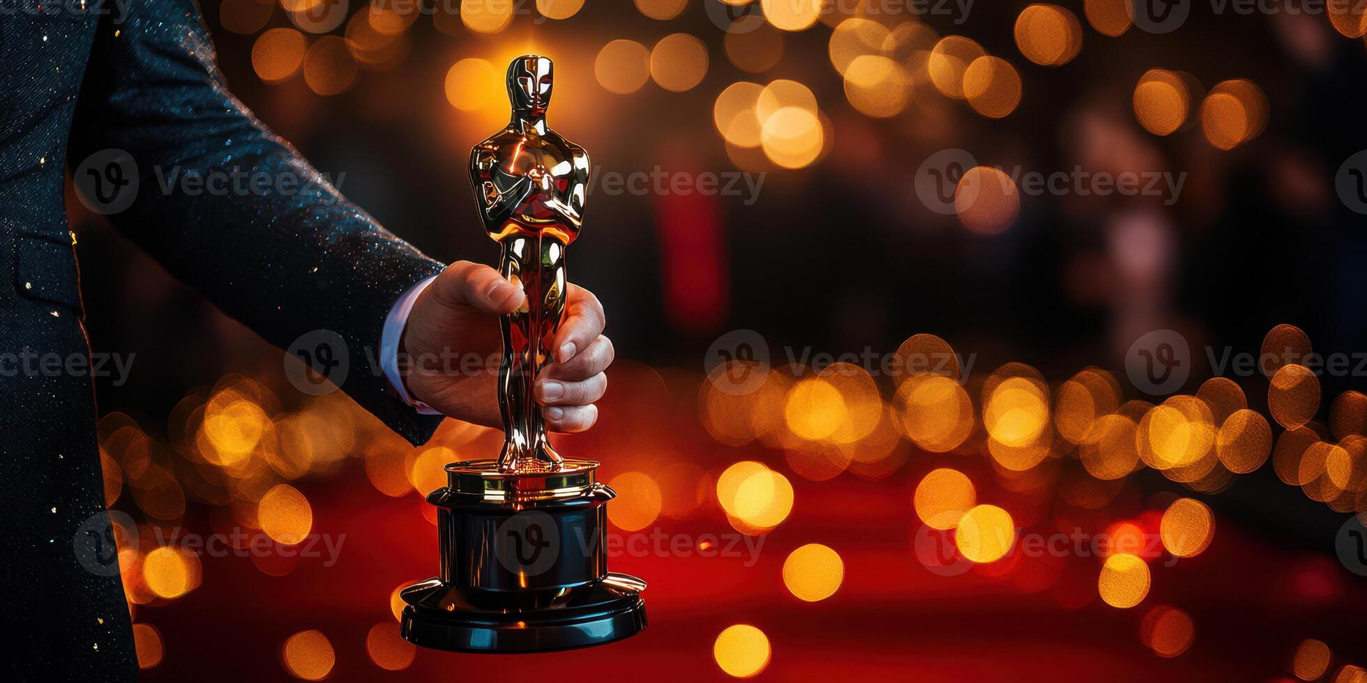 Oscar trophy held by a winner on the red carpet with blurred lights in the background during an awards ceremony celebration photo