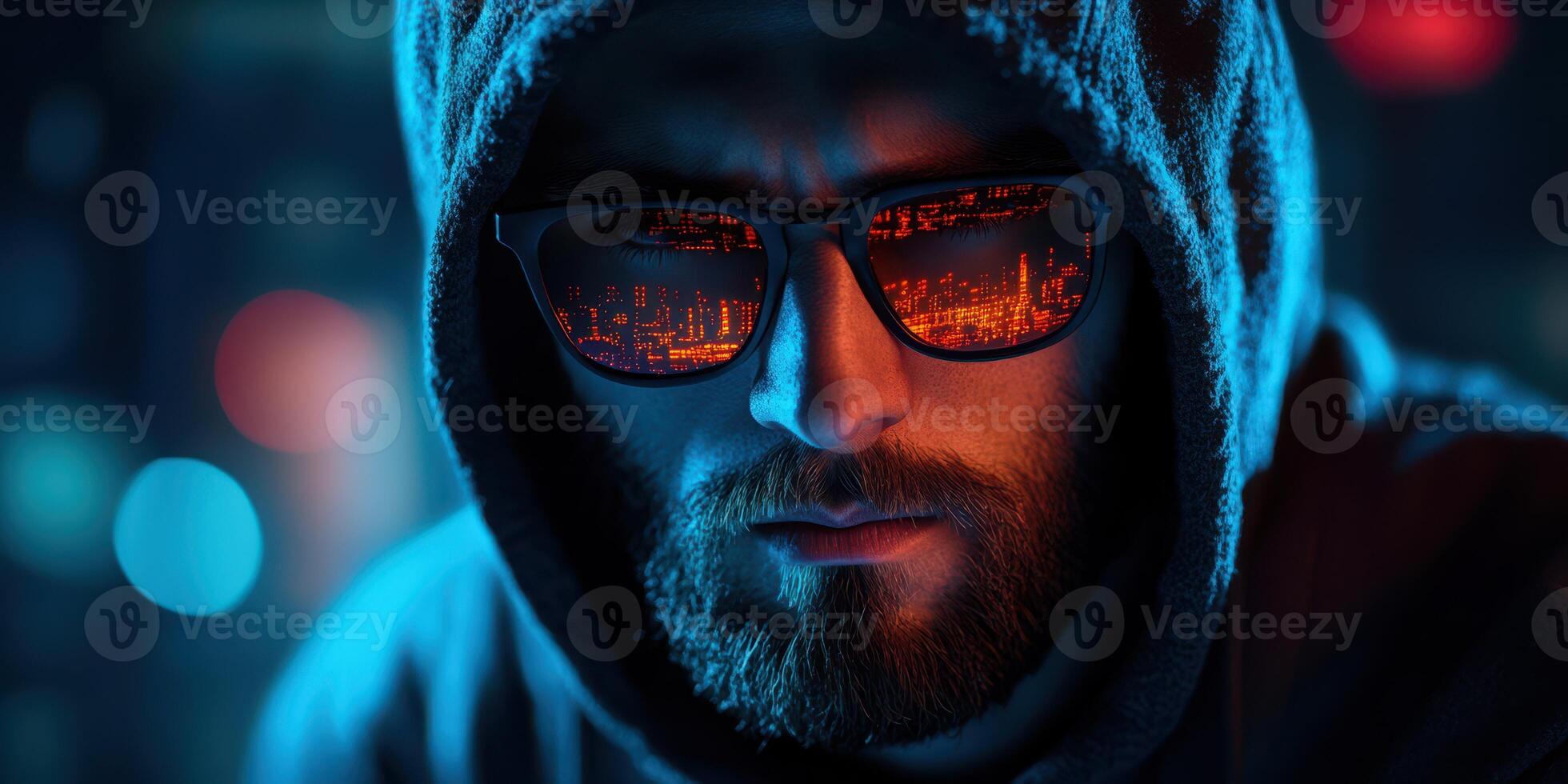 Skilled hacker working late at night in a high-tech city environment with glow of computer screens reflecting in sunglasses photo