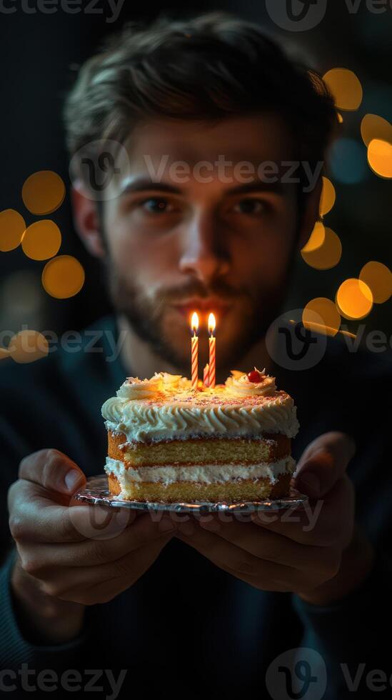 Person celebrating birthday with cake and candles in a cozy setting during evening light photo