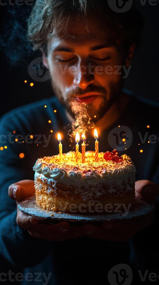 Man celebrates birthday with a cake adorned with lit candles and festive decorations at an evening gathering photo