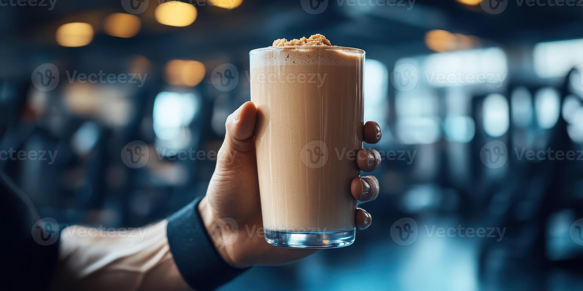 Fitness enthusiast enjoys protein shake in gym during workout session early in the day photo
